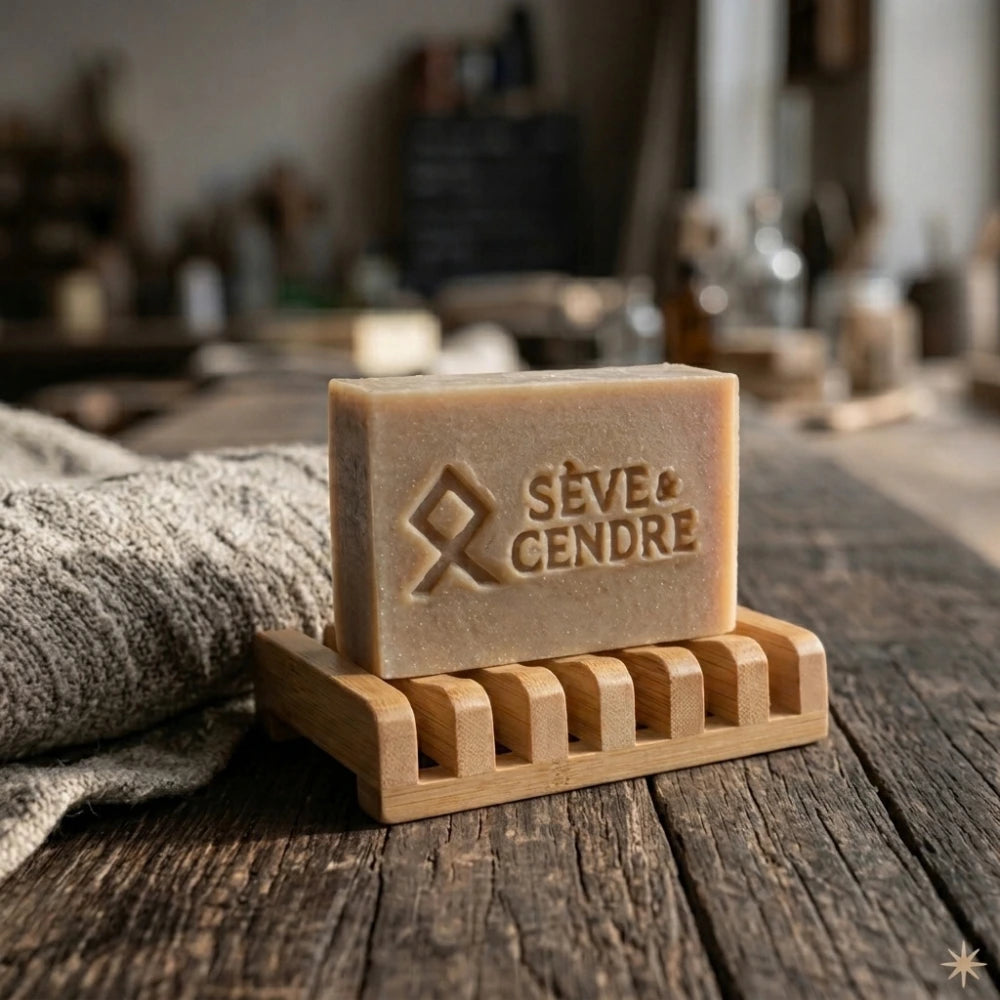 Savon artisanal français posé sur porte-savon Sève & Cendre en bambou sur table en bois, à côté d'un linge gris.