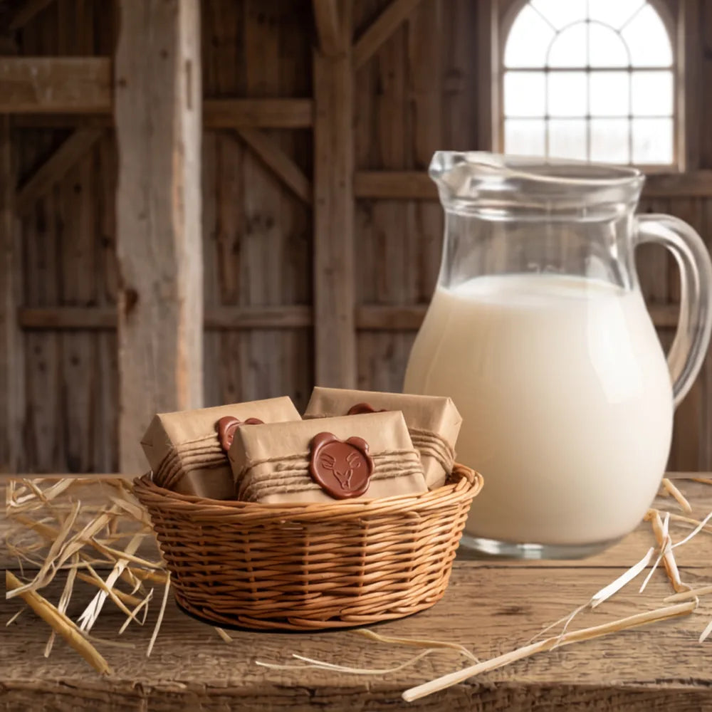 Savons au lait de chèvre Sève & Cendre emballés sous papier kraft dans un panier d'osier, avec carafe de lait frais