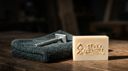 Savon solide au lait de chèvre Sève et Cendre posé à côté d'un rasoir de sécurité sur un établi en bois