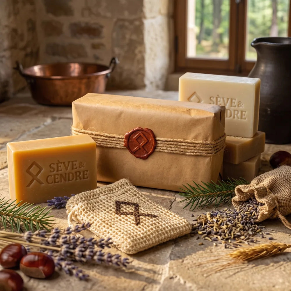 Coffret de quatre savons et un pochon sauve-savon Sève et Cendre posés sur une table en pierre