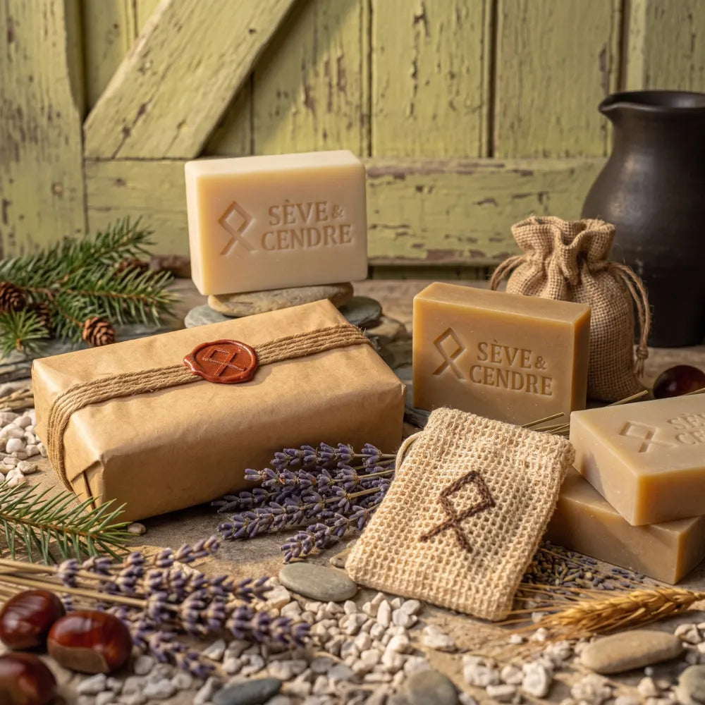 Coffret de quatres savons artisanaux Sève et Cendre posé sur un établi en bois.