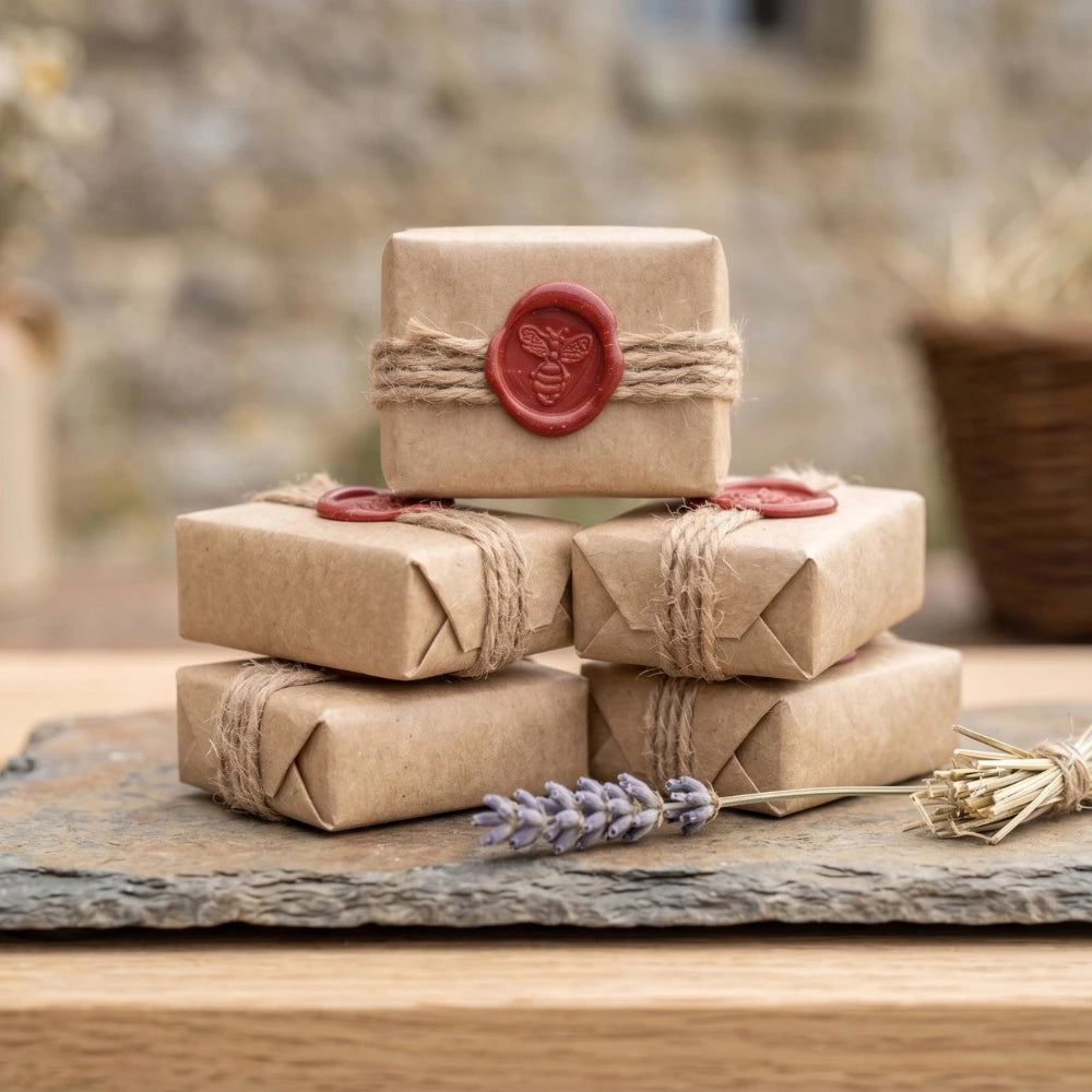 Cinq mini-savons artisanaux au miel Sève & Cendre sur ardoise brute naturelle