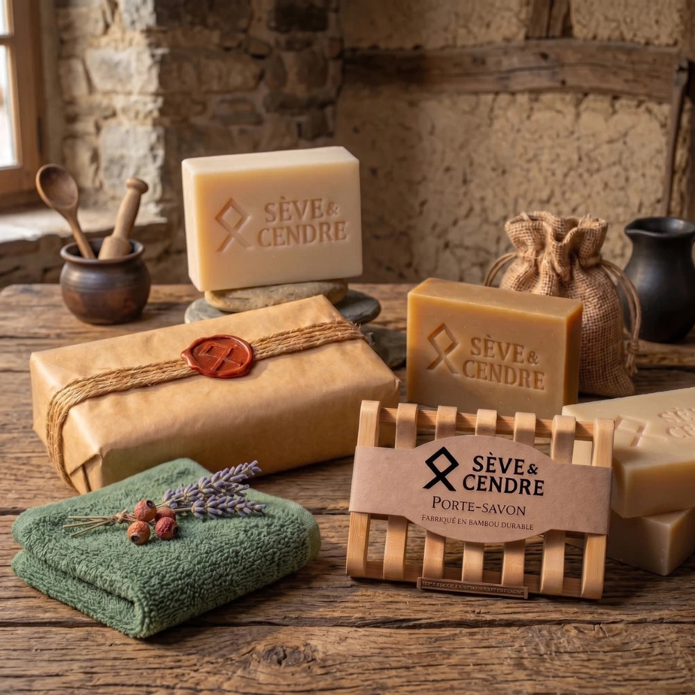 Coffret cadeau homme Sève & Cendre avec 4 savons artisanaux, un porte-savon en bambou et un pochon filet en toile