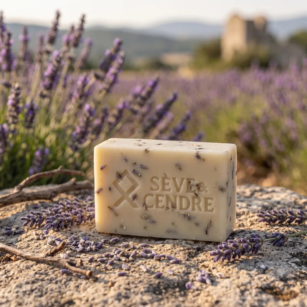 Savon artisanal à la lavande Sève & Cendre gravé sur muret de pierre calcaire devant les lavandes en fleur