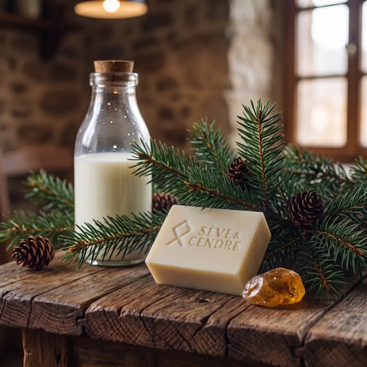 Savon saponifié à froid lait de chèvre et sapin Sève & Cendre, branche de pin et table en bois.