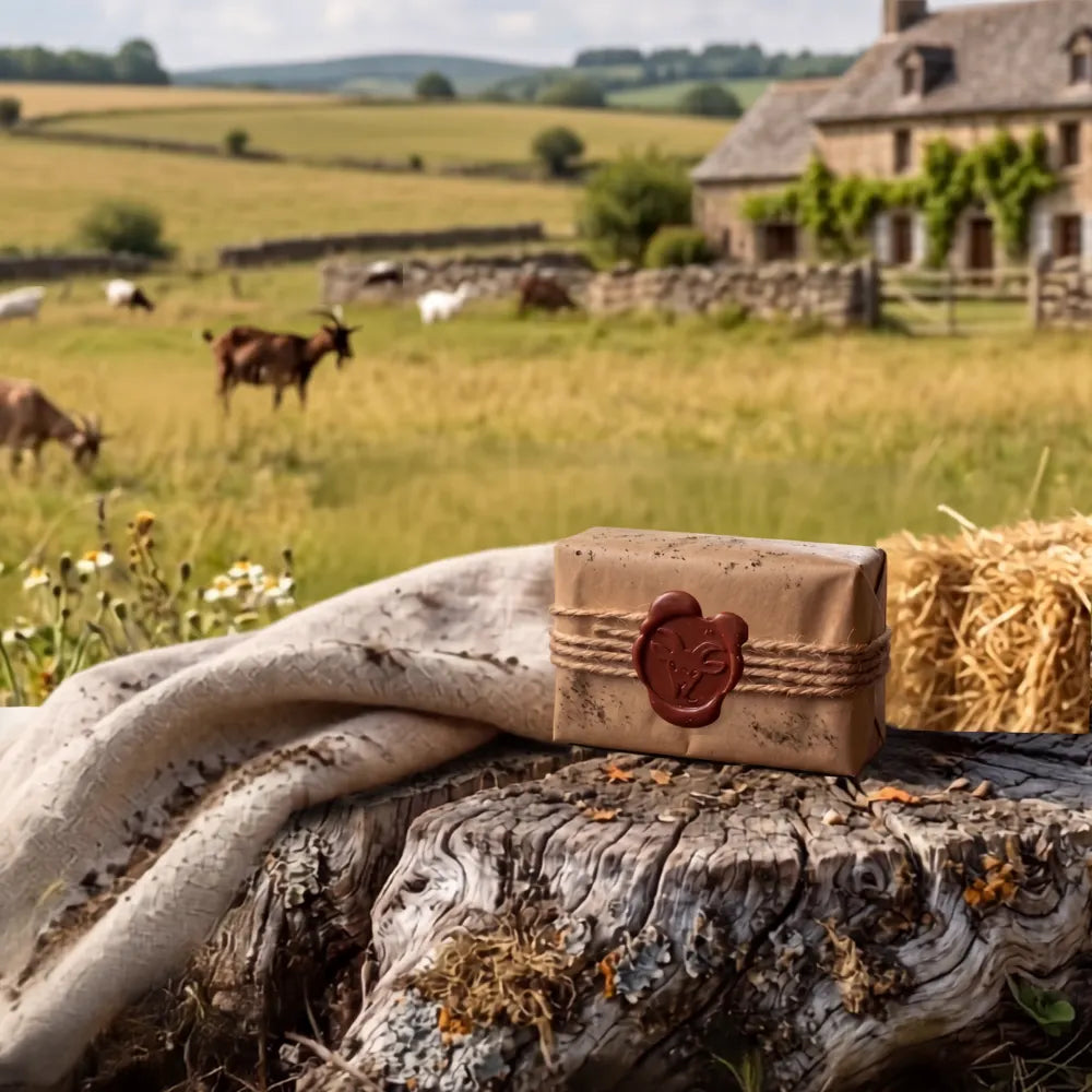 Savon au lait de chèvre Sève & Cendre scellé à la cire sur une souche de bois, chèvres au pâturage en arrière-plan