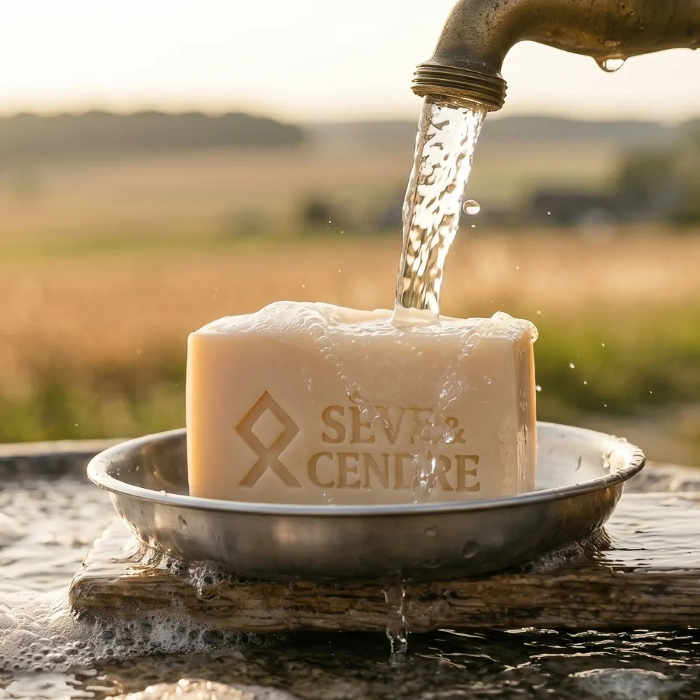 Pain de savon saponifié à froid Sève & Cendre gravé sous le jet d'eau d'une fontaine en coupelle métallique