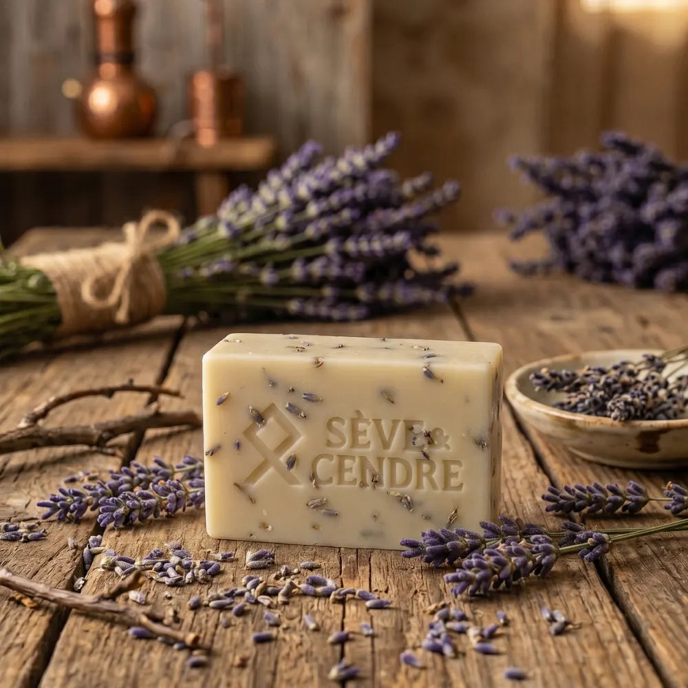 Savon surgras à la lavande Sève & Cendre posé sur une table en bois d'atelier avec coupelle et brins de lavande