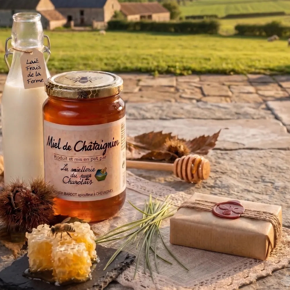 Savon artisanal au miel Sève & Cendre emballé avec pot de miel de châtaignier et bouteille de lait frais