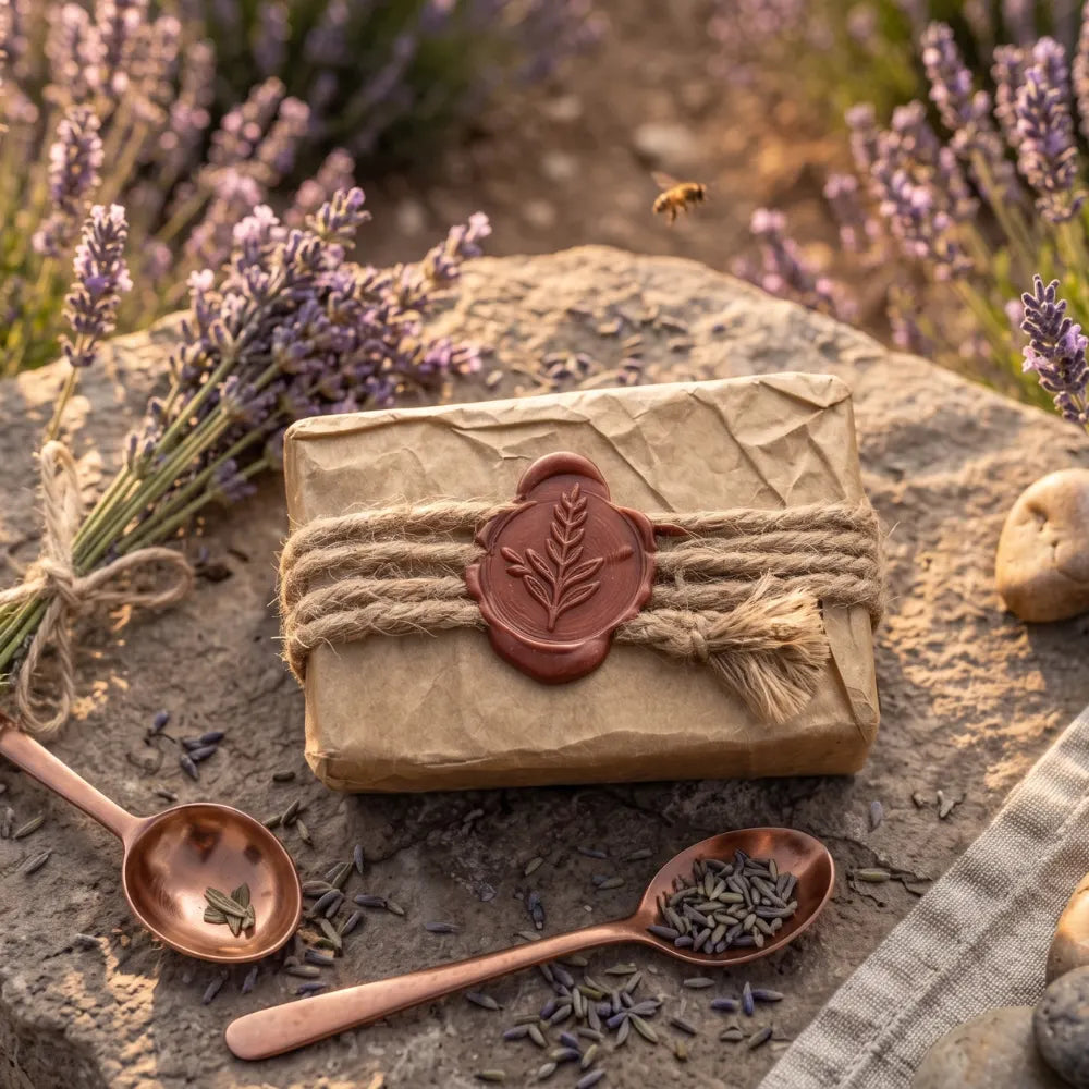 Savon artisanal à la lavande Sève & Cendre emballé sous kraft et cachet de cire, posé sur pierre avec cuillères en cuivre