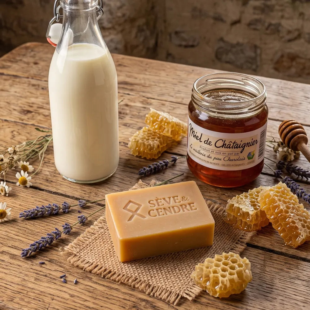 Savon artisanal au miel Sève & Cendre avec pot de miel de châtaignier et morceaux de cire