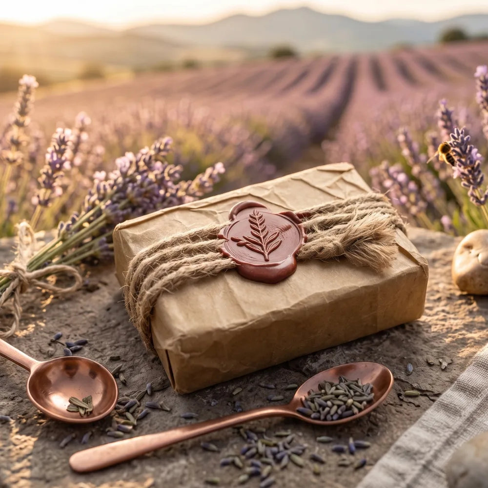 Savon à la lavande Sève & Cendre scellé à la cire sur un rocher, champ de lavande et soleil couchant en arrière-plan